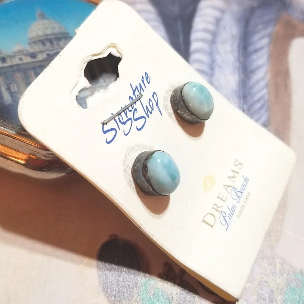 VTG Palm Beach Dreams Larimar Stud Sterling Earrings New Old Stock - Picture 6 of 7